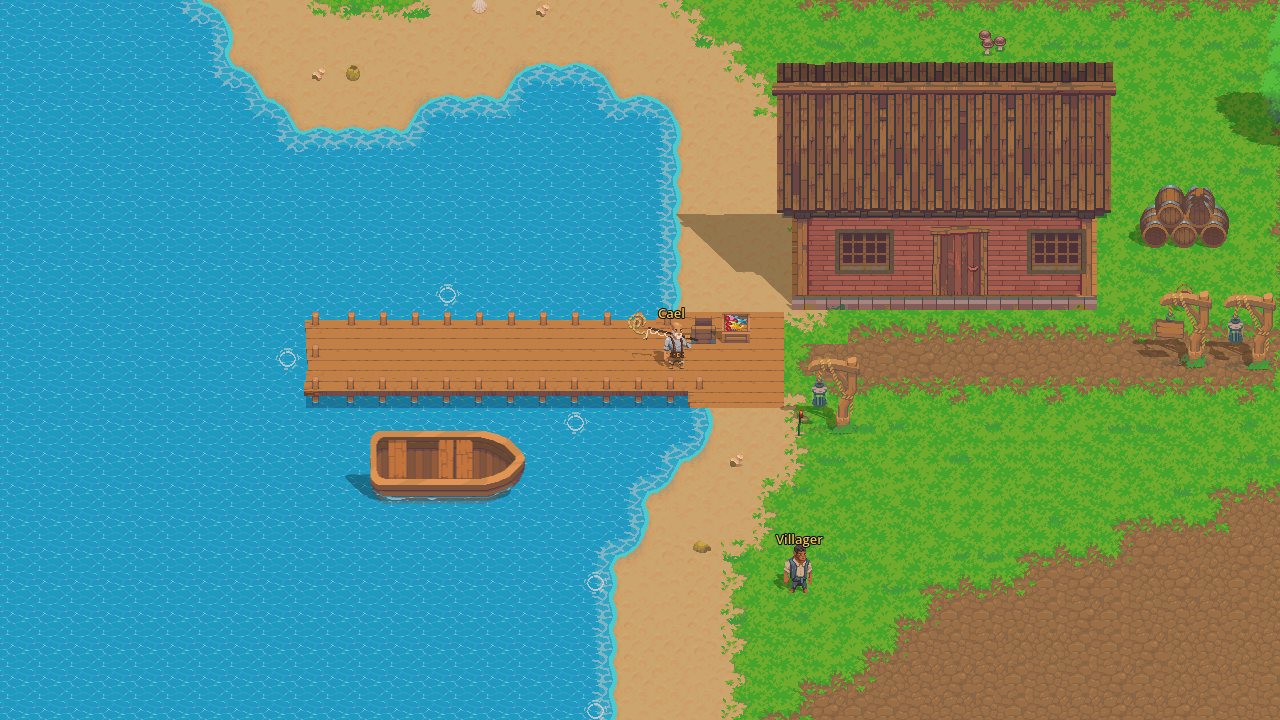 The hamlet's pier, with a rowing boat on the water
