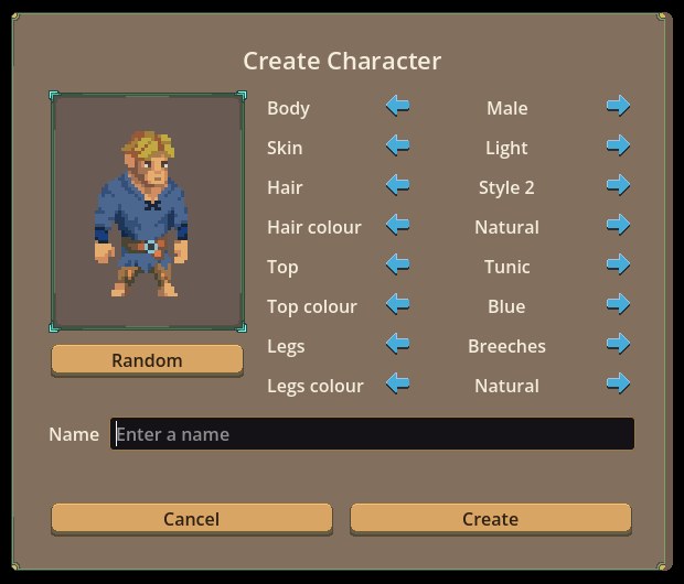 The new character creation window