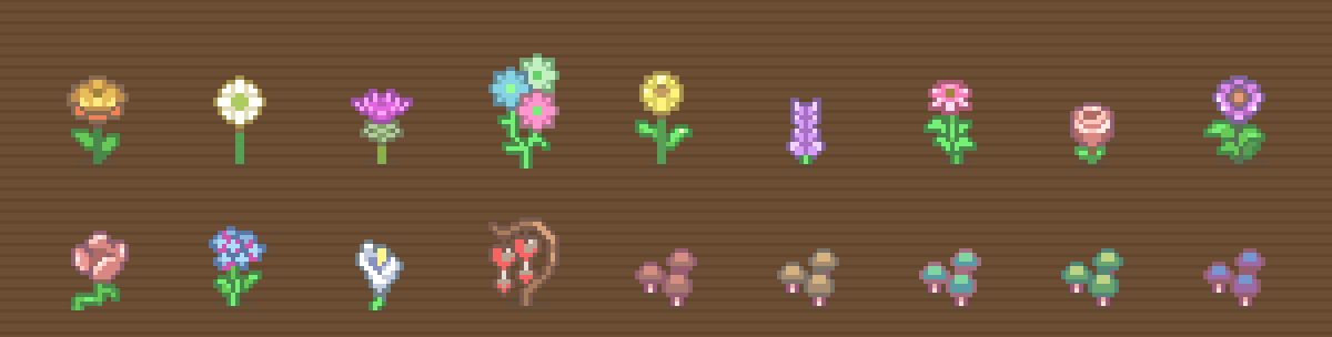 All 13 flowers and 5 mushrooms in full bloom